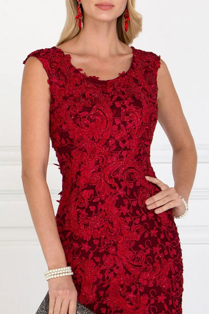 Detailed view highlights burgundy embellished 3d detail formal dress detail.
