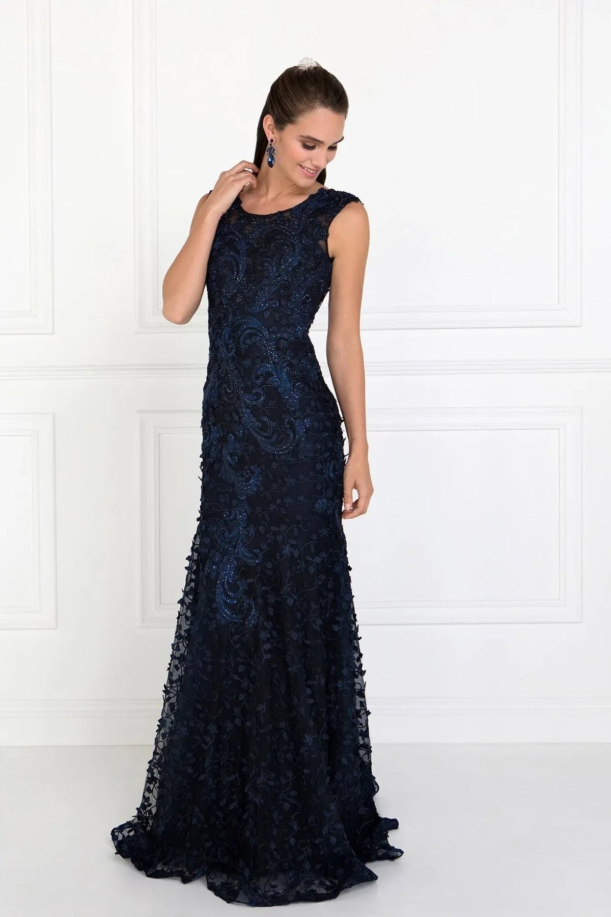 Navy embellished 3d detail formal dress back bodice detail