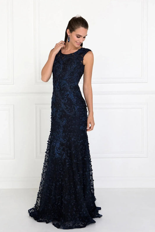 Back detail shows navy embellished 3d detail formal dress back bodice detail.