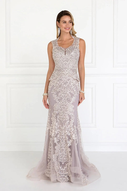 Bodice close-up highlights mauve embellished embroidery formal dress.