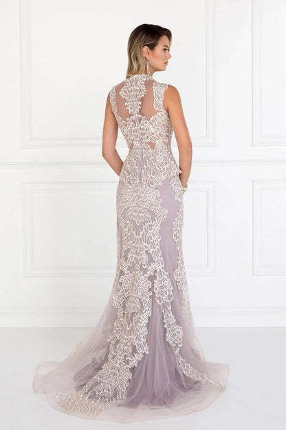 Back detail shows mauve embellished embroidery formal dress back bodice detail.