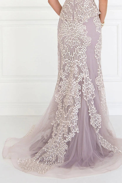 Skirt detail shows mauve embellished embroidery formal dress skirt detail.