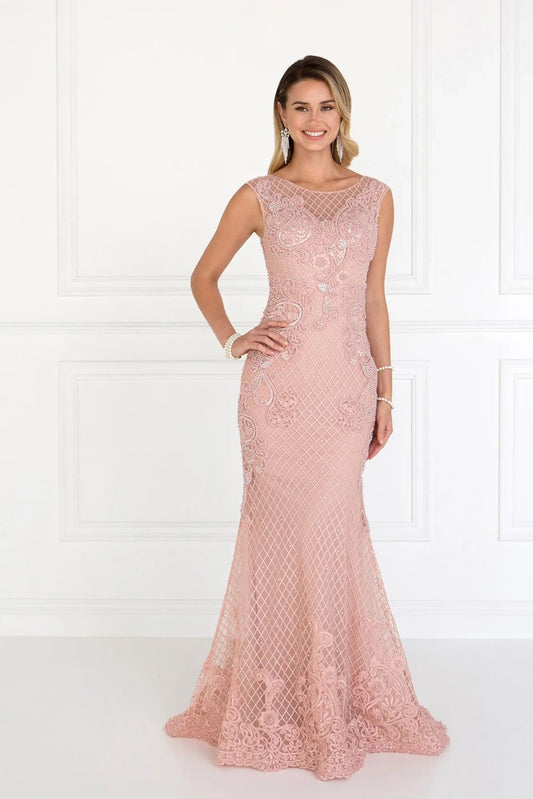 Rear view reveals dusty Rose beading embellished embroidery formal dress.