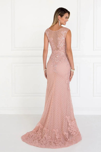 Skirt detail shows dusty Rose beading embellished embroidery formal dress skirt detail.