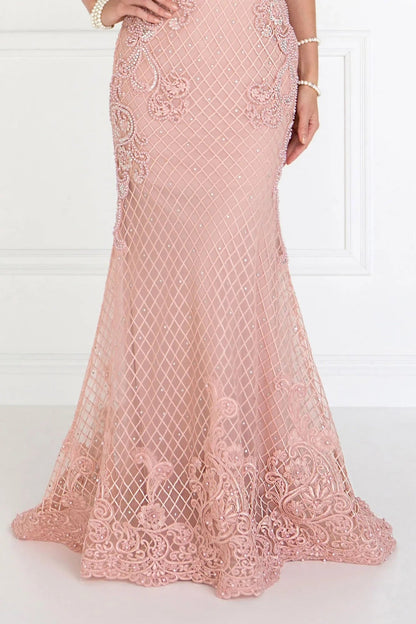 Side profile shows dusty Rose beading embellished embroidery formal dress side detail.