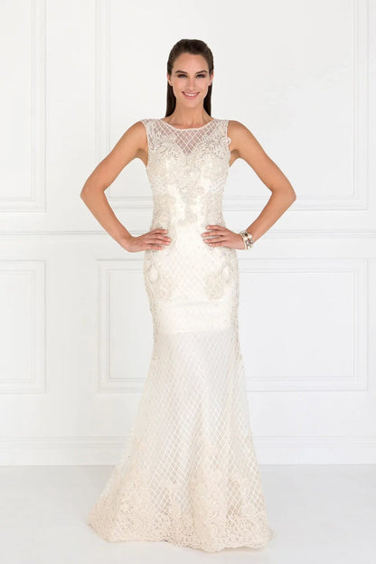 Detailed view highlights ivory/Champagne beading embellished embroidery formal dress detail.