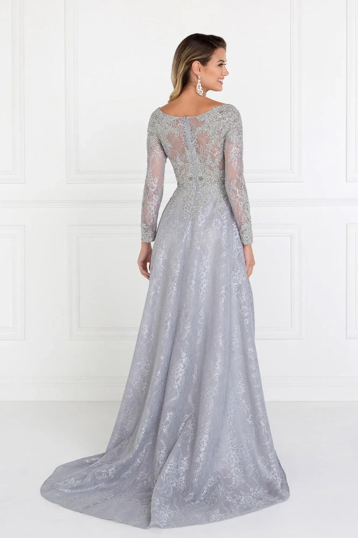 Silver embellished formal dress back bodice detail