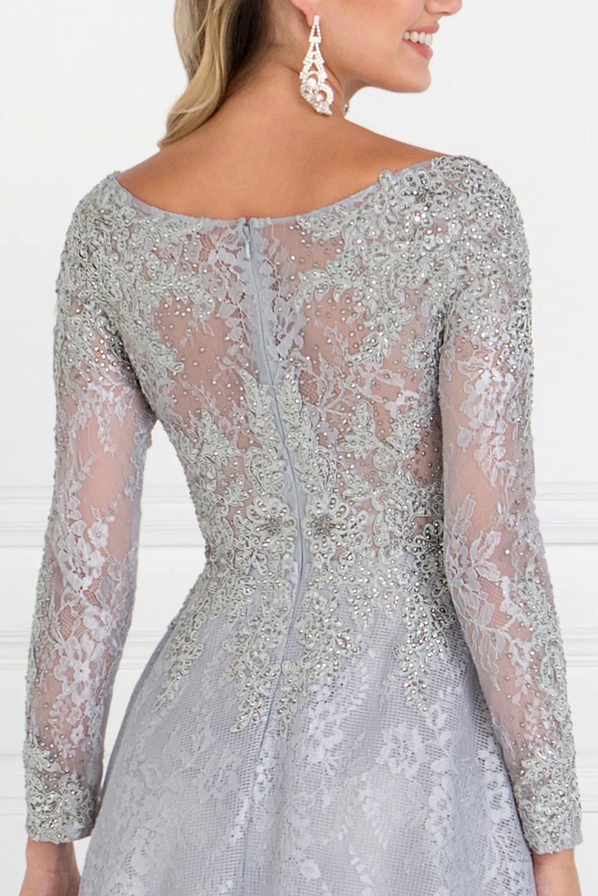 Silver embellished formal dress full back view