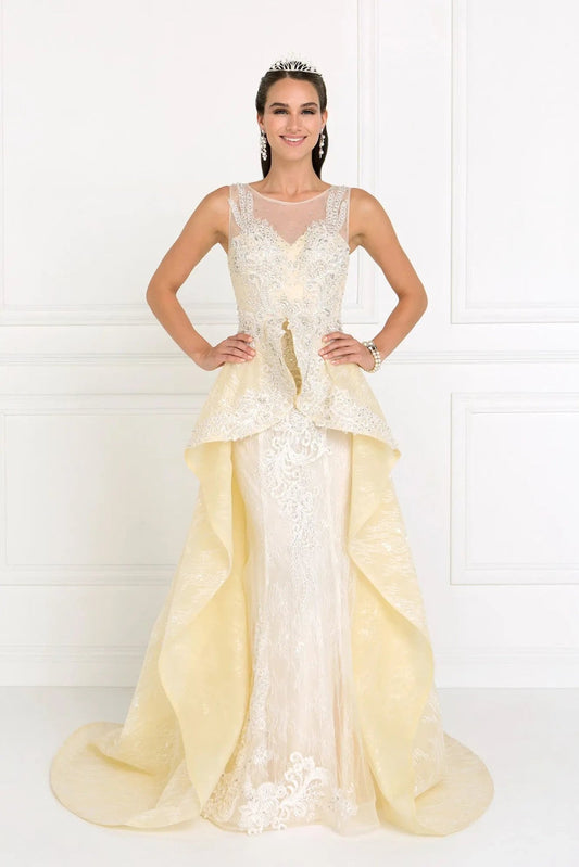 Rear view reveals ivory/Champagne beading embellished embroidery formal dress.