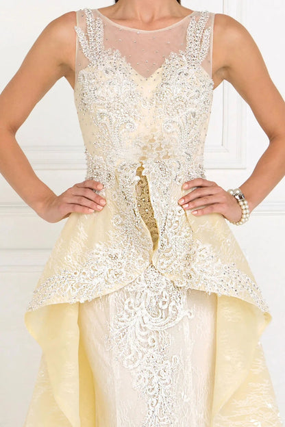 Side profile shows ivory/Champagne beading embellished embroidery formal dress side detail.