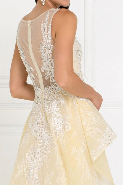 Detailed view highlights ivory/Champagne beading embellished embroidery formal dress detail.