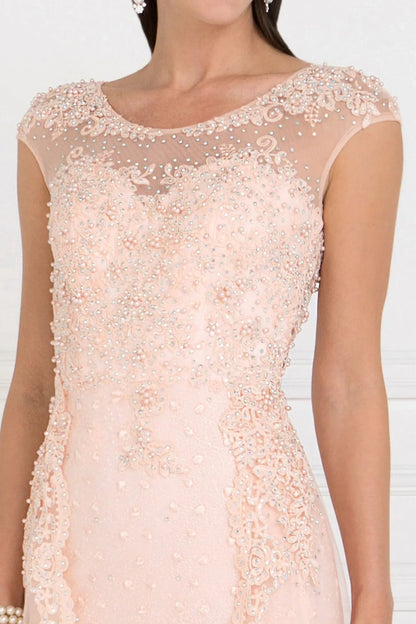Rear view reveals blush beading embellished embroidery formal dress.