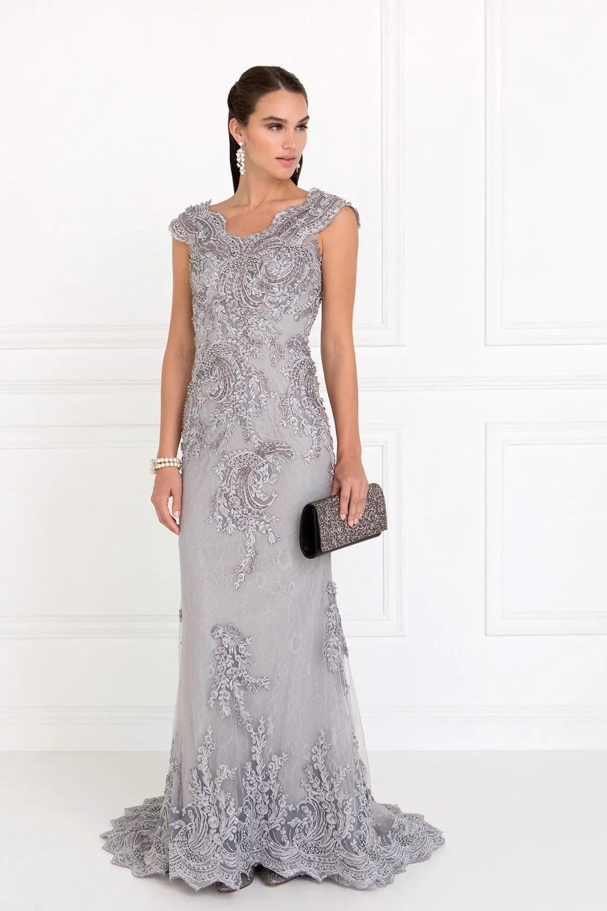 Silver beading embroidery formal dress front bodice view