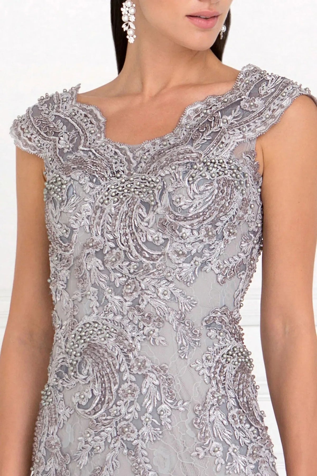 Silver beading embroidery formal dress detail