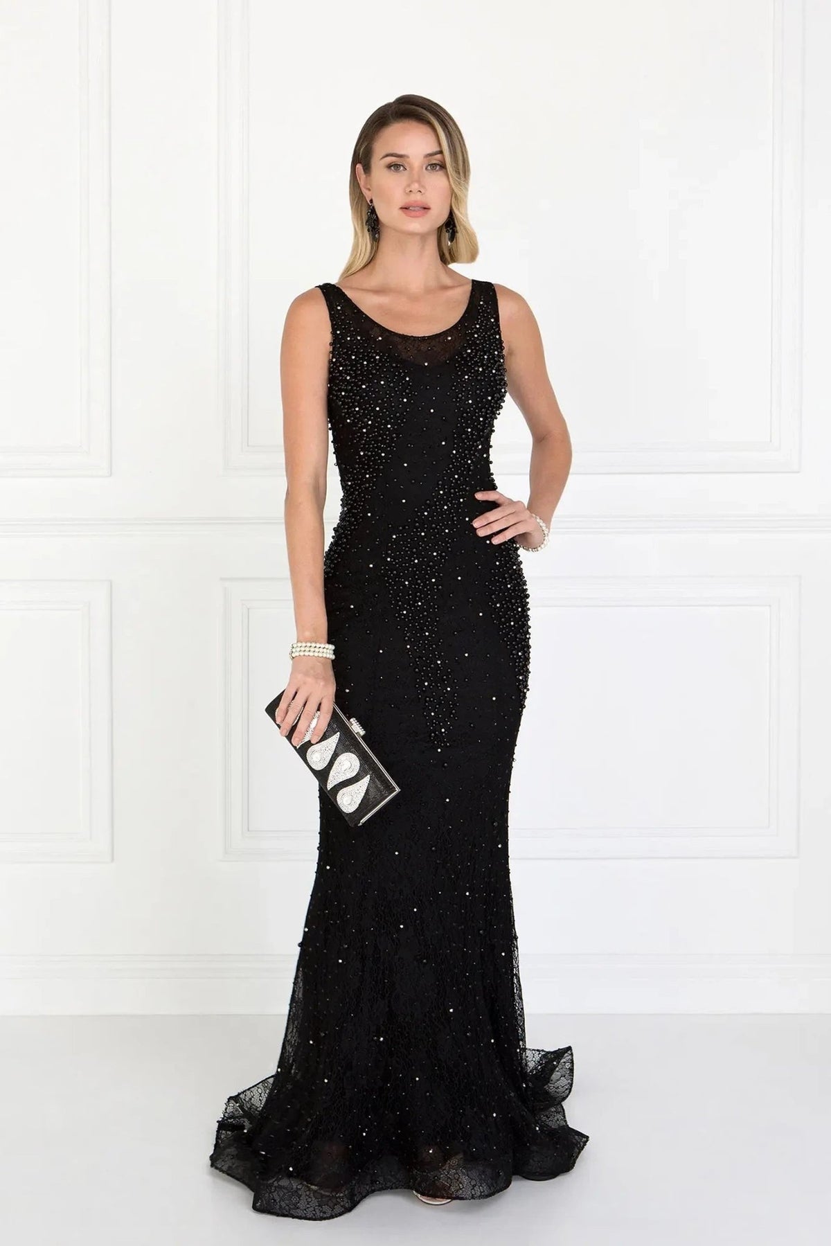 Black beading embellished formal dress detail