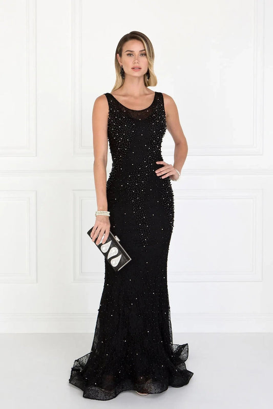Detailed view highlights black beading embellished formal dress detail.