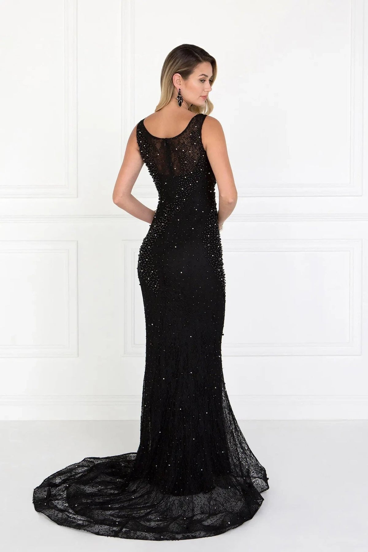 Black beading embellished formal dress full back view