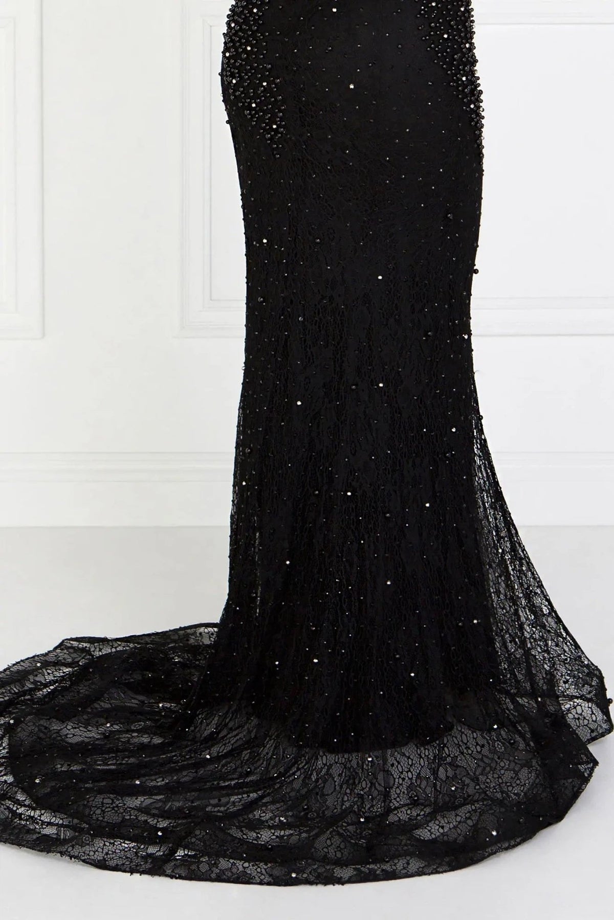 Black beading embellished formal dress full front view