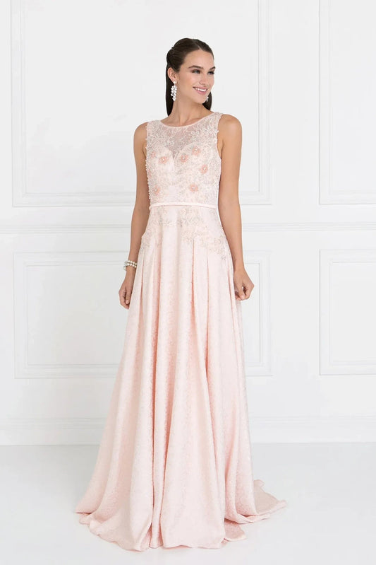 Skirt detail shows blush beading embellished formal dress skirt detail.