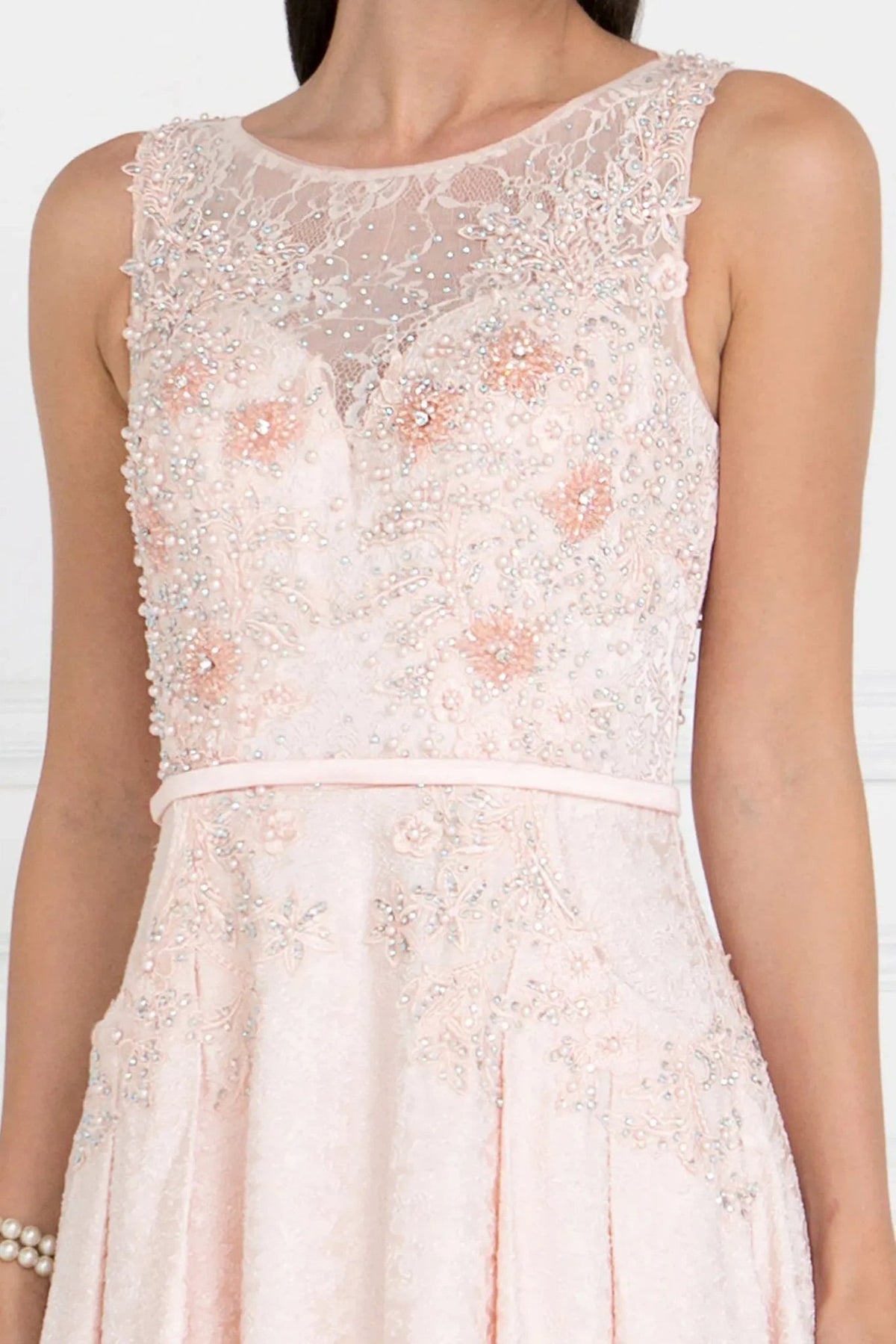 Blush beading embellished formal dress front bodice view