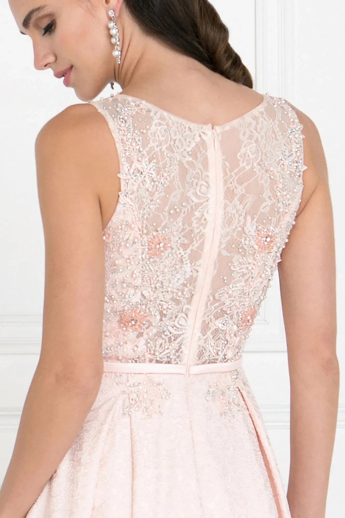 Blush beading embellished formal dress full front view