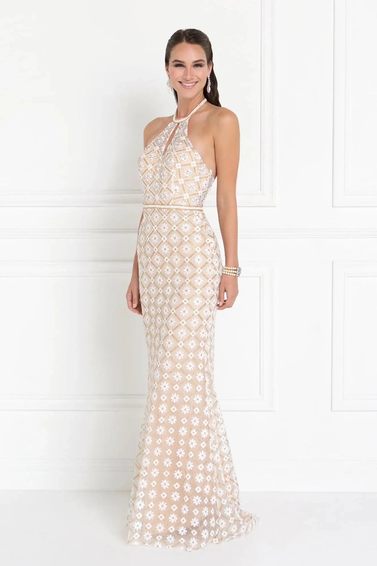 Champagne beaded halter prom evening dress full front