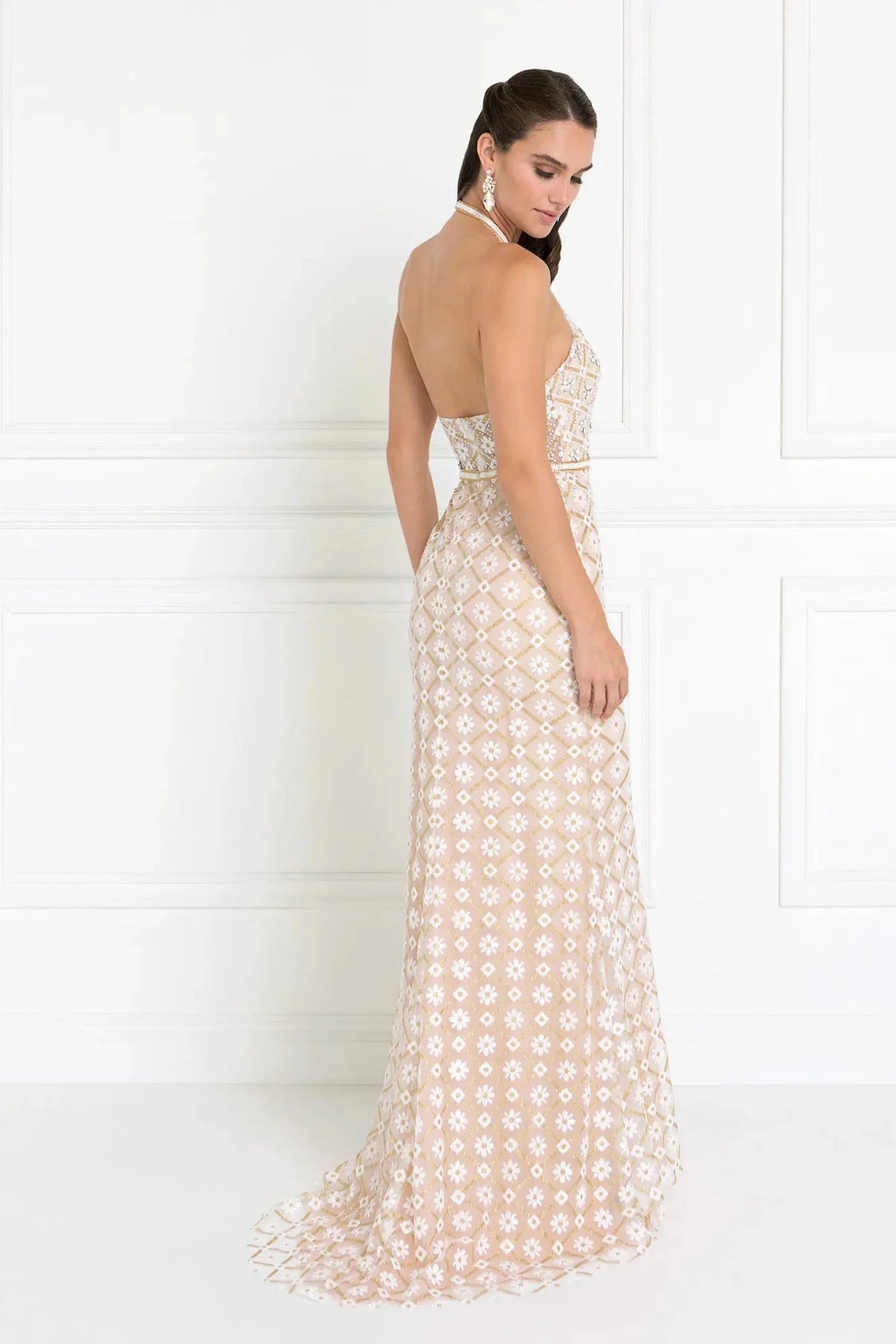 Champagne prom evening dress full back with open back