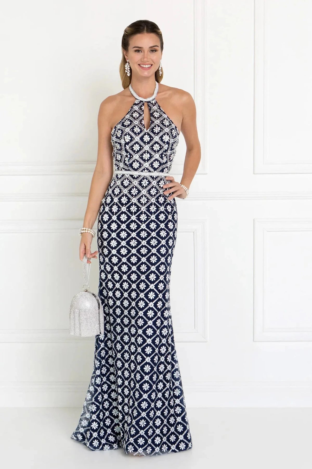 Navy/Silver beaded halter prom evening dress full front
