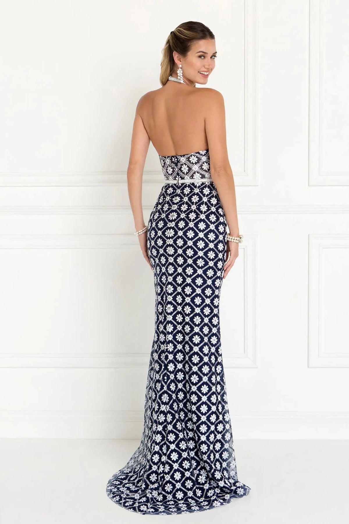 Navy/Silver prom evening dress full back with open back