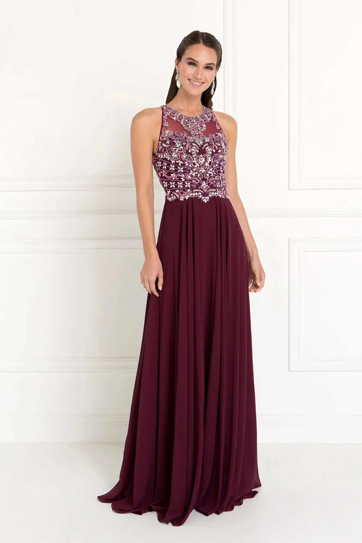 Burgundy beaded prom evening dress full front