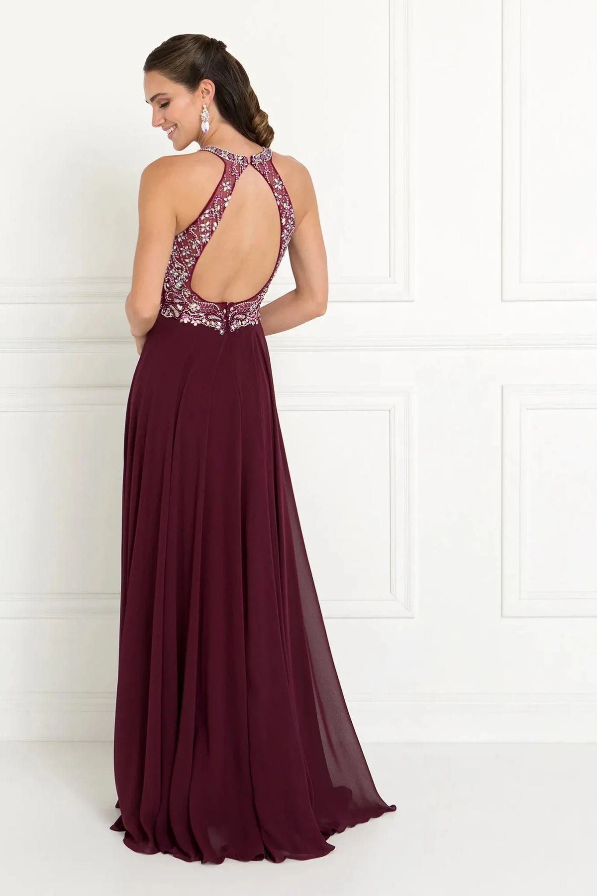 Burgundy prom evening dress full back with back detail