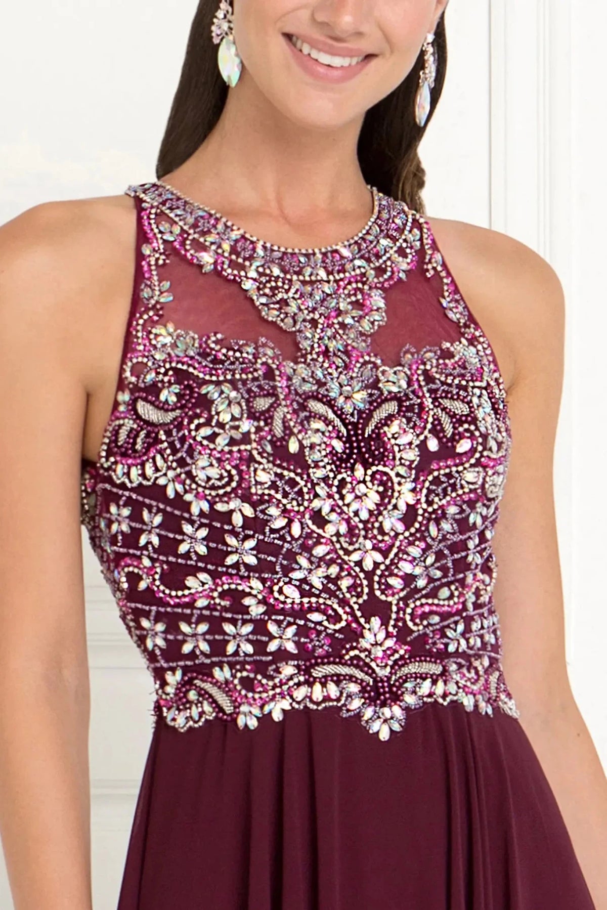 Burgundy scoop-neck prom evening dress upper front with beads, jewel