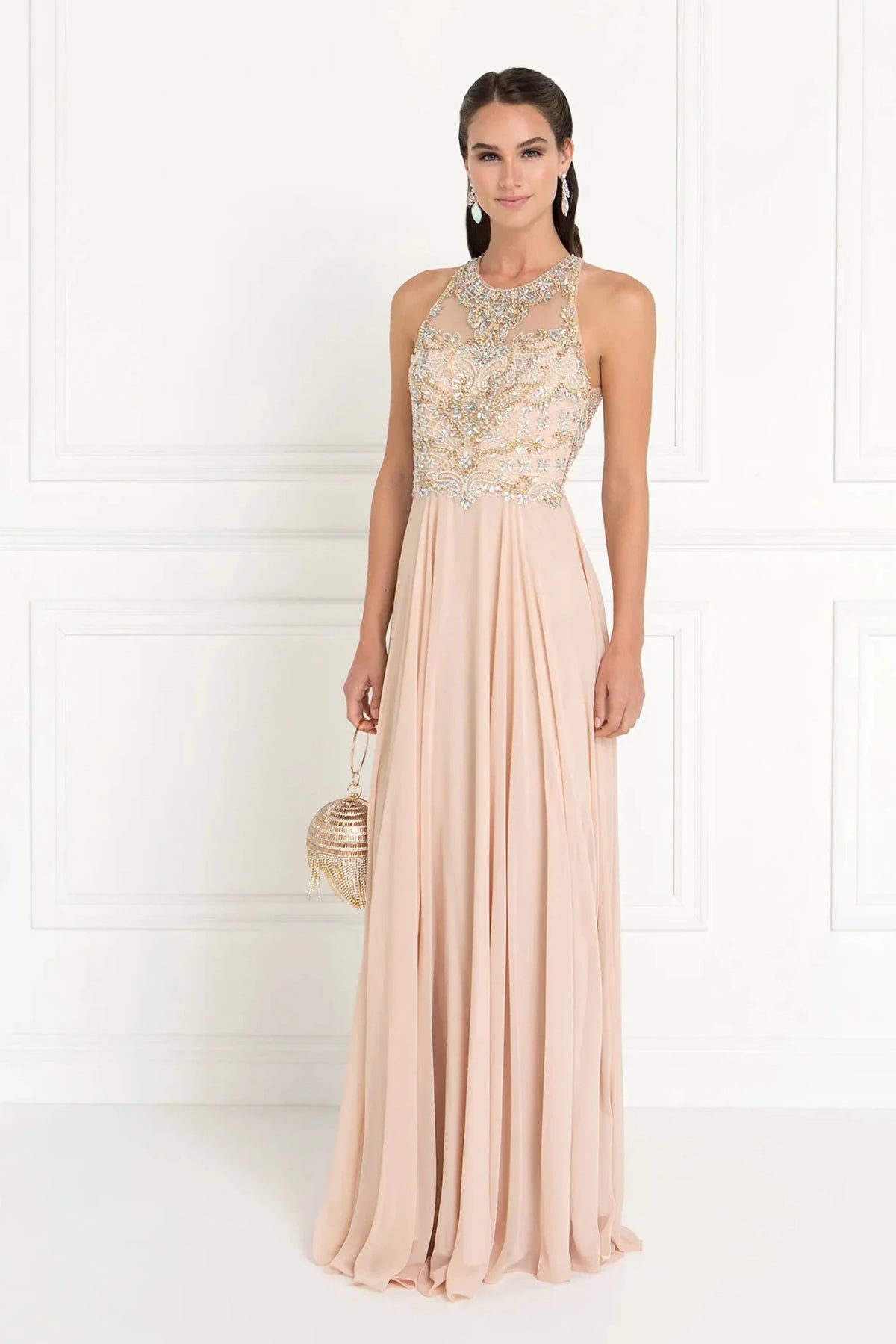 Champagne beaded prom evening dress full front