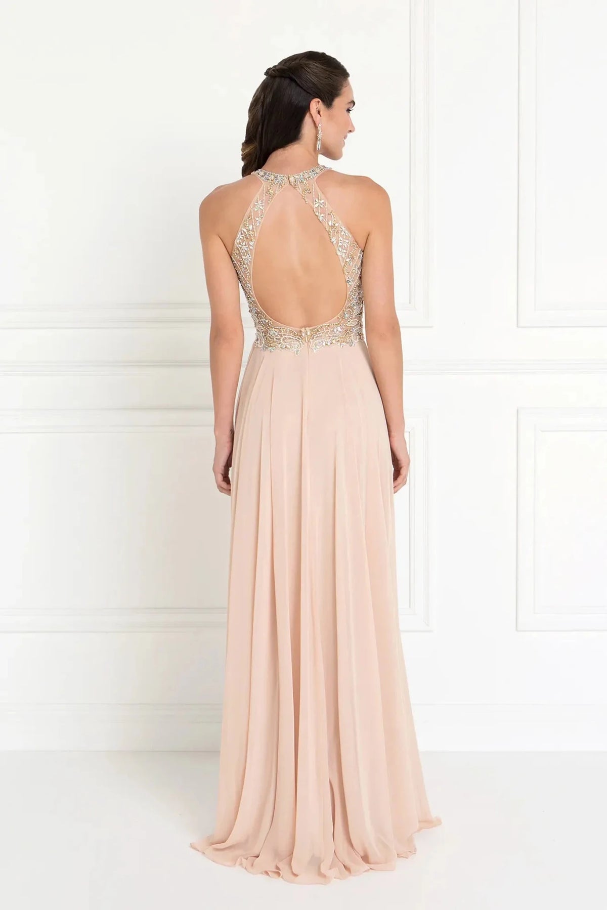 Champagne prom evening dress full back with back detail