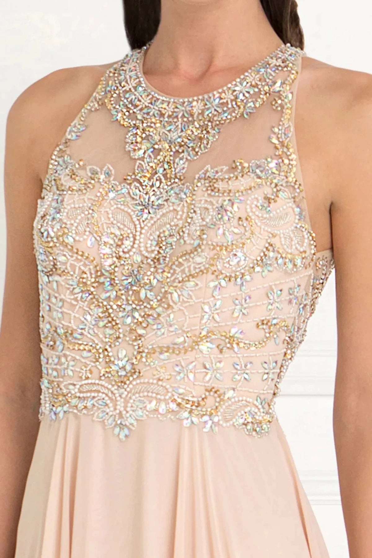 Champagne scoop-neck prom evening dress upper front with beads, jewel
