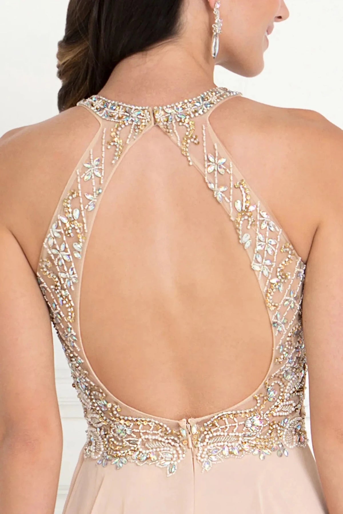 Champagne prom evening dress a-line skirt detail