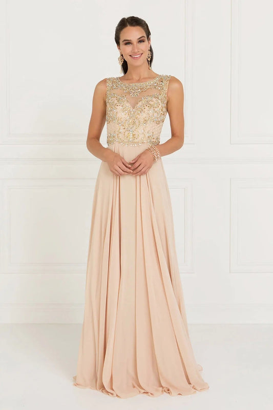 Skirt detail shows champagne beading embellished sequins formal dress skirt detail.