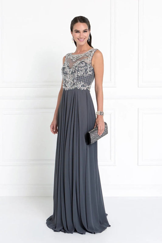 Detailed view highlights charcoal beading embellished sequins formal dress detail.