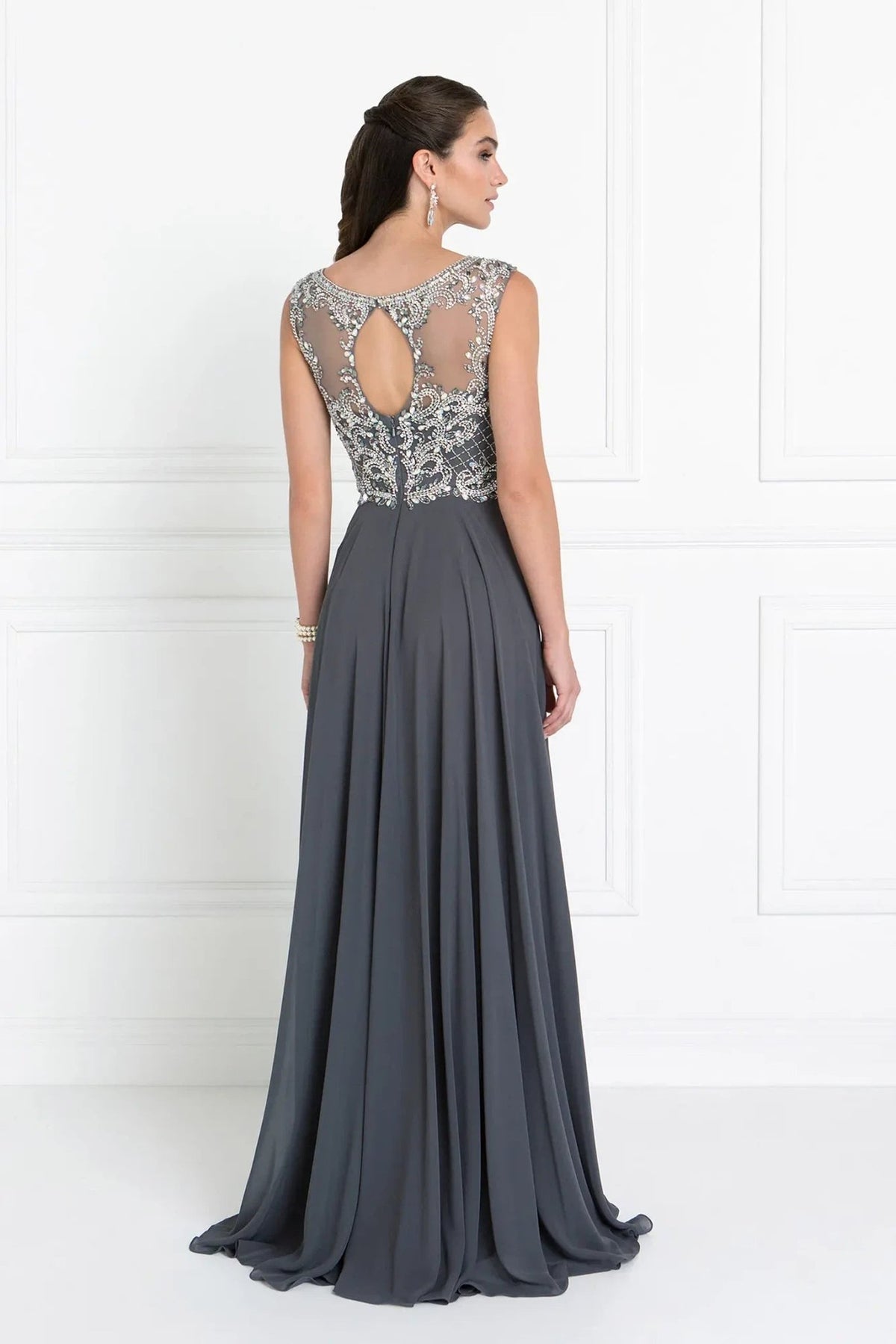 Charcoal beading embellished sequins formal dress full back view