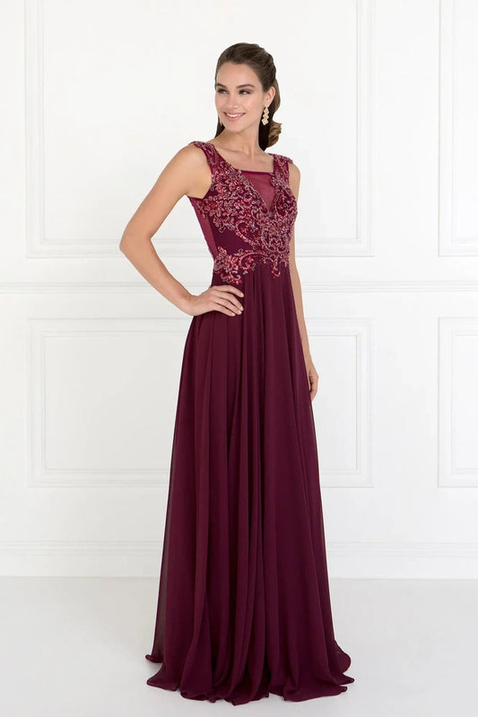 Rear view reveals burgundy beading sequins formal dress.