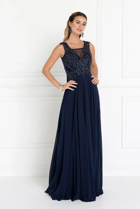 Rear view reveals navy beading sequins formal dress.
