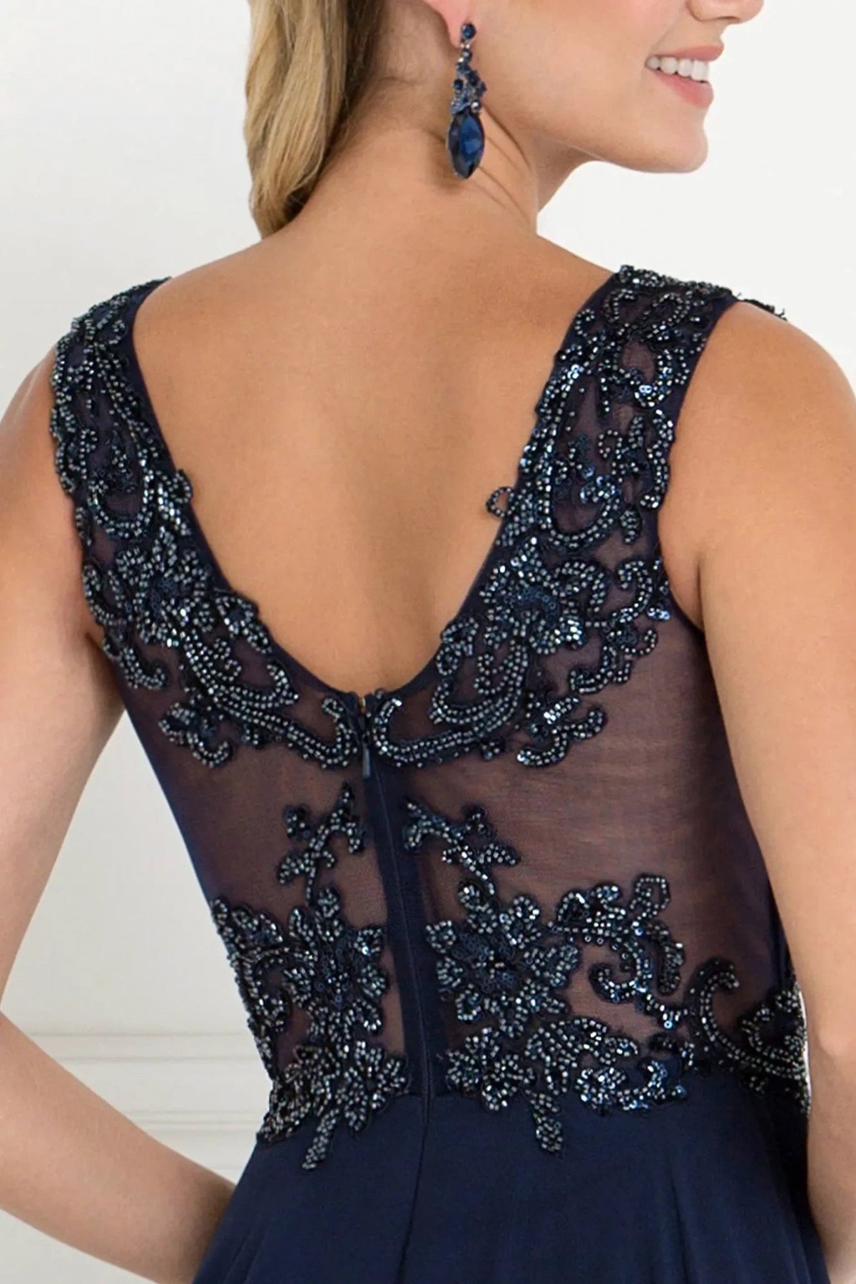 Navy beading sequins formal dress detail