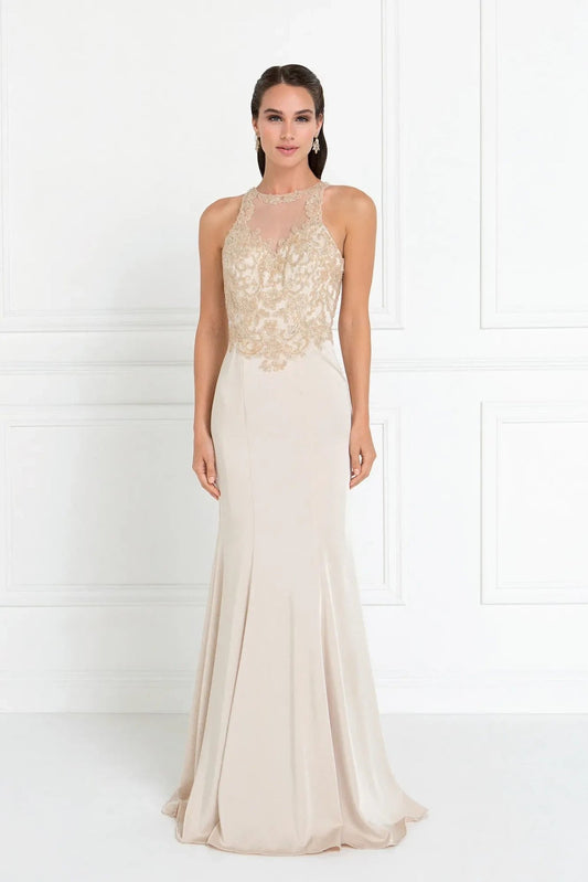 Detailed view highlights champagne beading sequins formal dress detail.