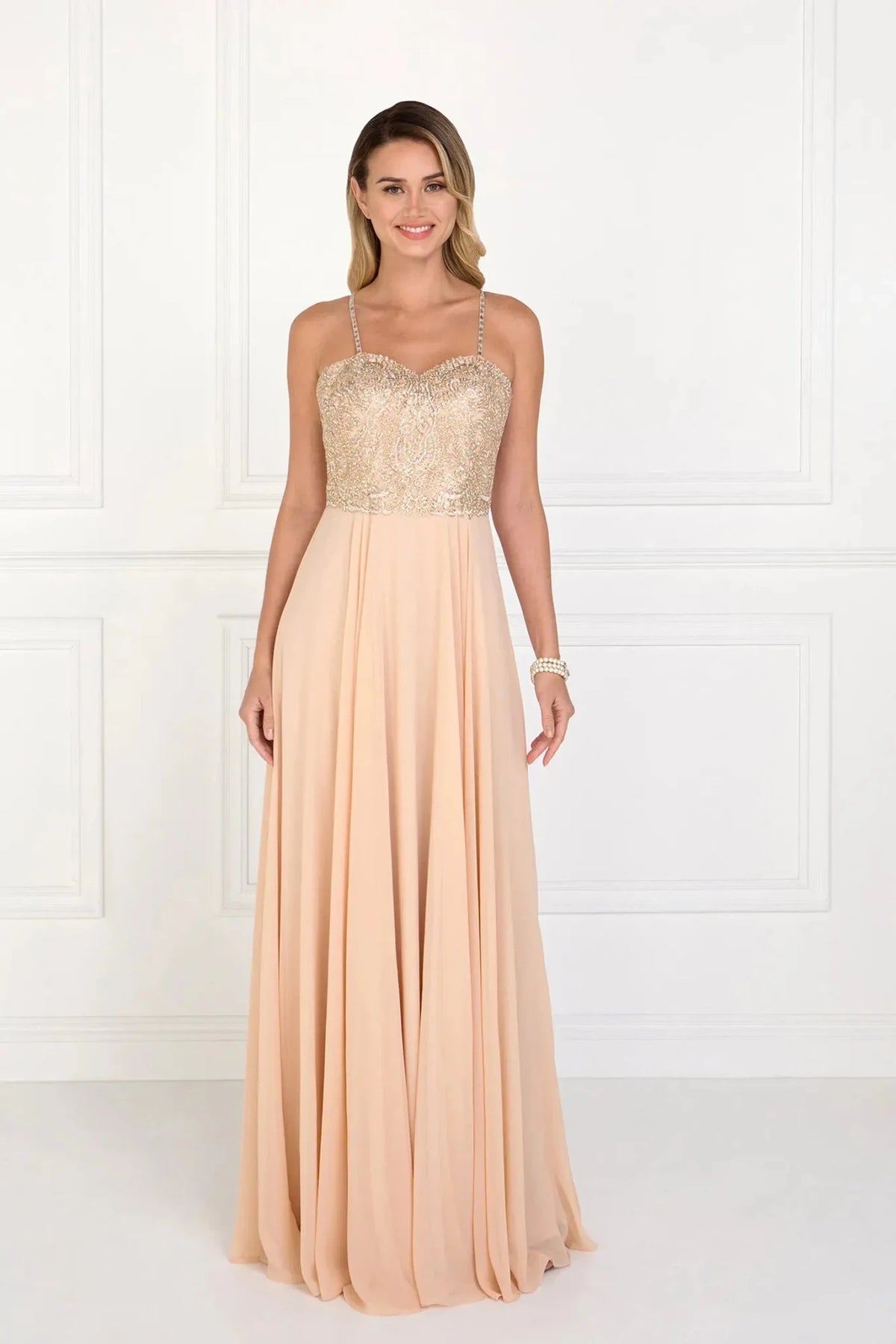 Champagne embroidered prom evening dress full front