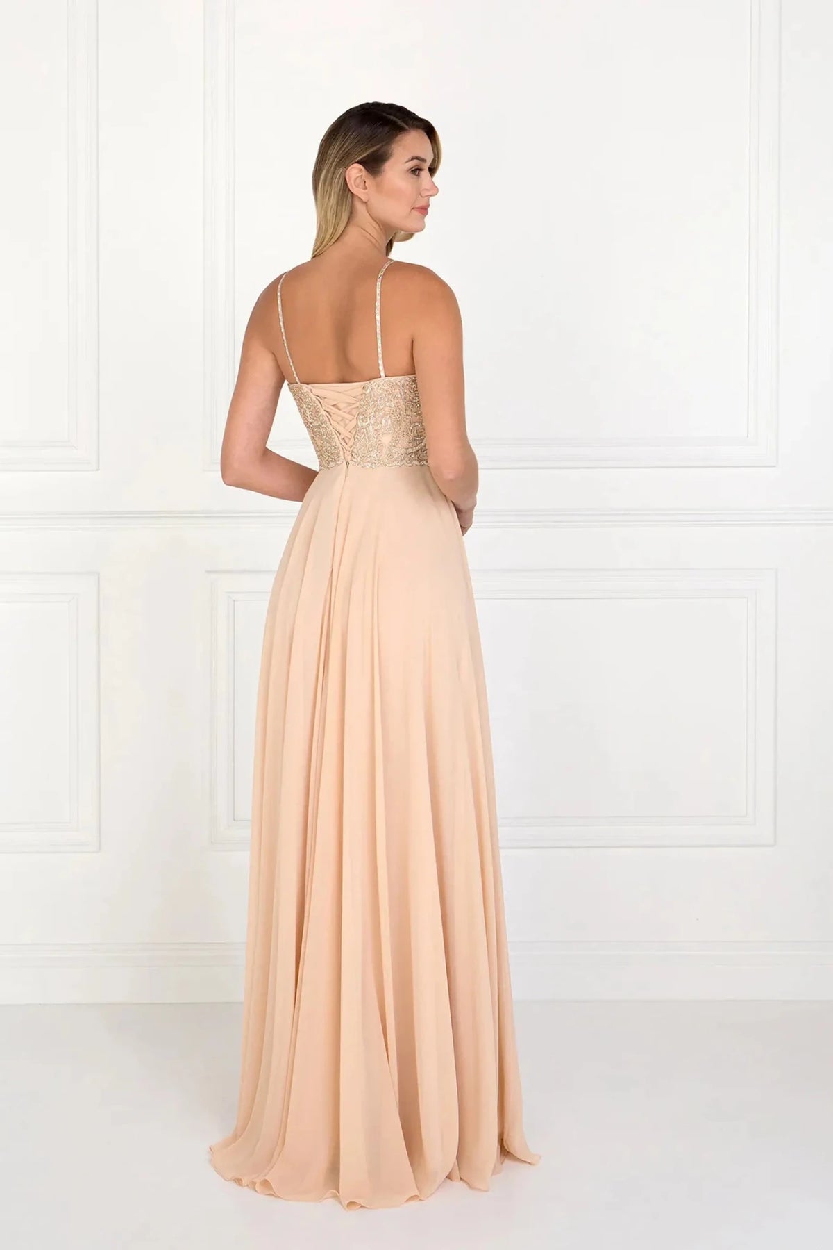 Champagne prom evening dress full back with back detail