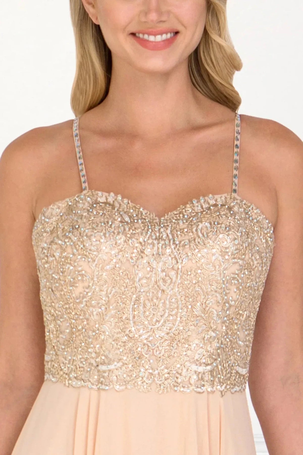 Champagne sweetheart prom evening dress upper front with embroidery, jewel