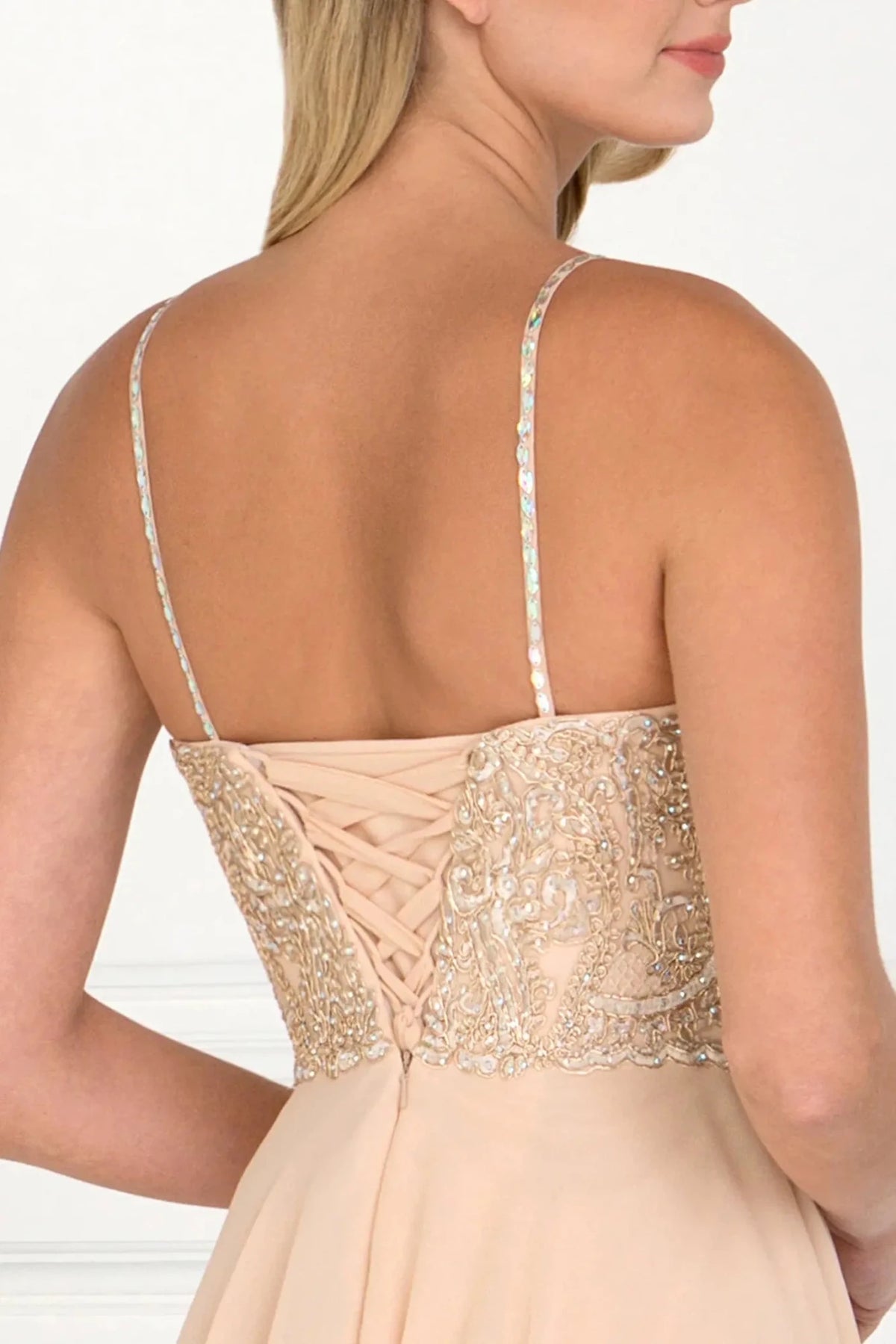 Champagne prom evening dress a-line skirt detail