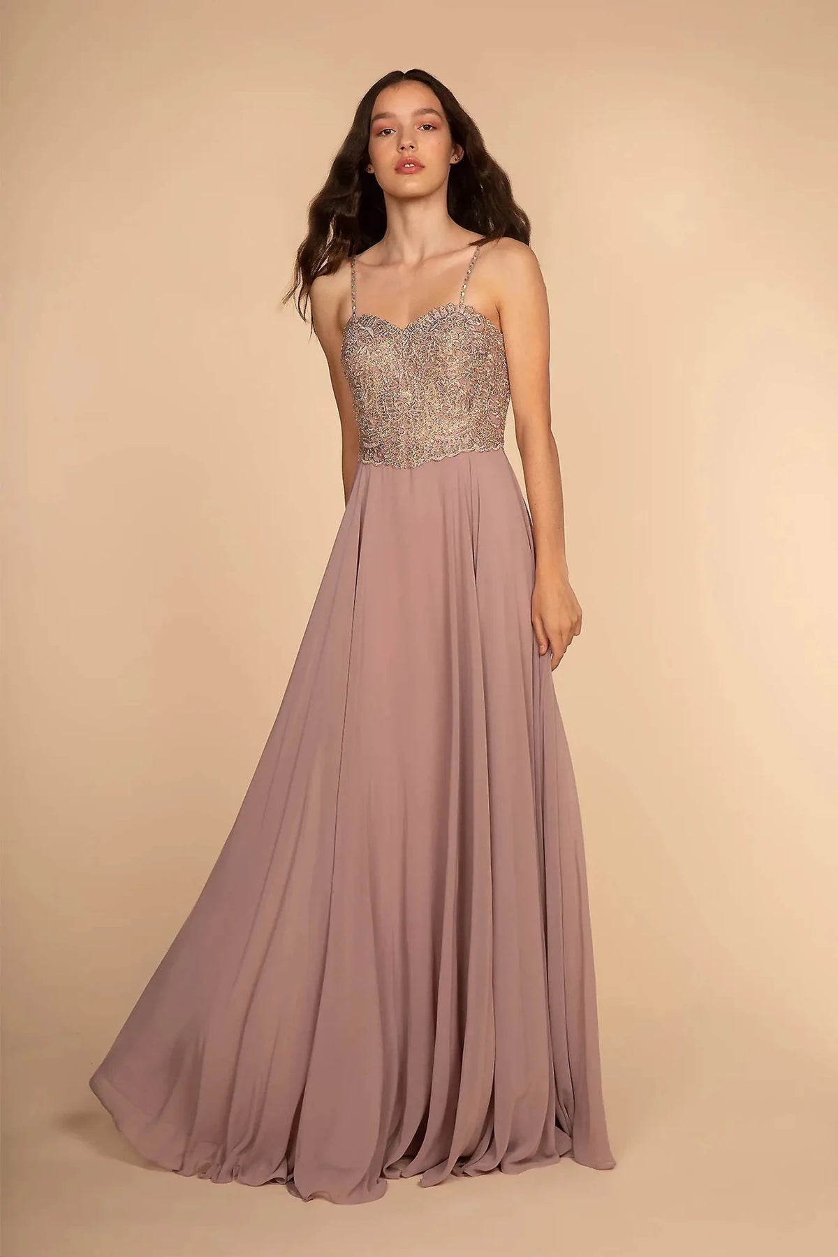 Mauve embroidered prom evening dress full front