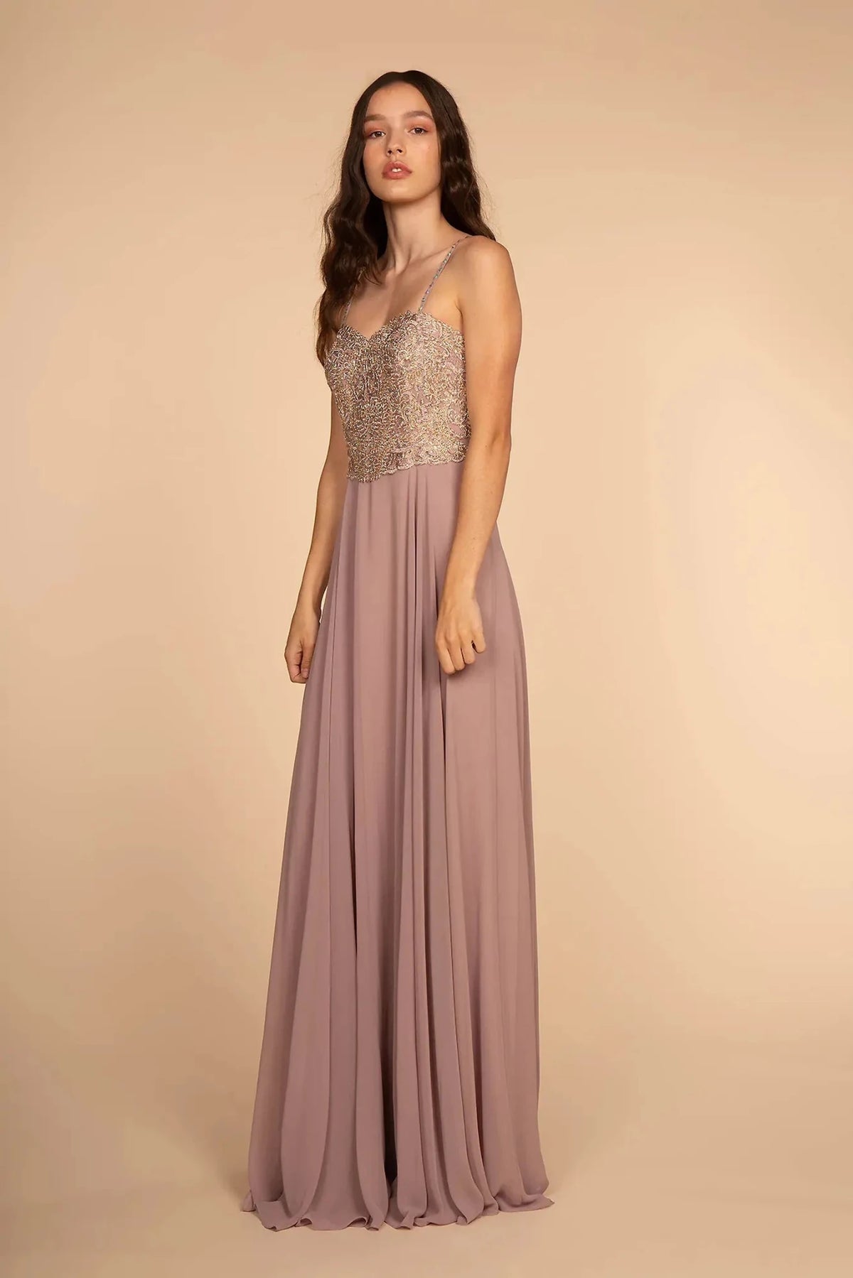 Mauve prom evening dress full back with back detail
