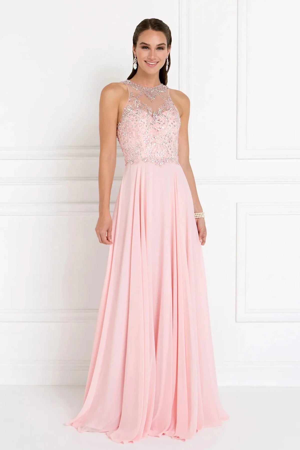 Blush sequin prom evening dress full front